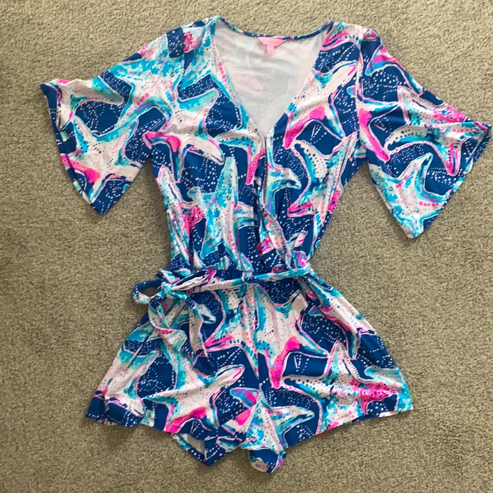 Lilly Pulitzer Women's Blue Starfish Madilyn Romper V-Neck Tie Waist